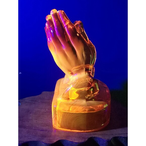 Vintage Kanawha Praying Hands Amberina UV Reactive Glass Paperweight 5"x4"x3" - Picture 7 of 14